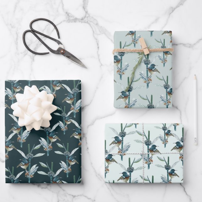 Elegant Watercolor Hummingbird Botanical Pattern  Wrapping Paper Sheets (Front)