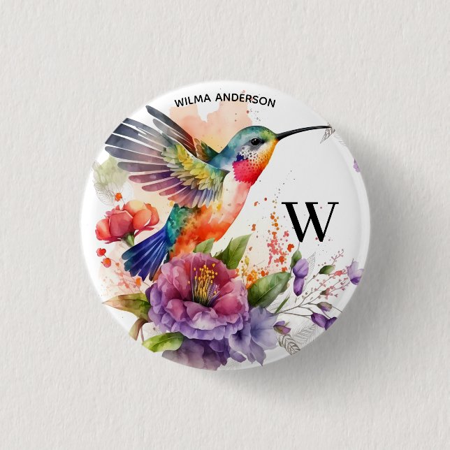 Elegant Watercolor Hummingbird Monogram With Name Button (Front)