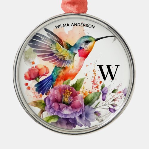 Elegant Watercolor Hummingbird Monogram With Name Metal Ornament