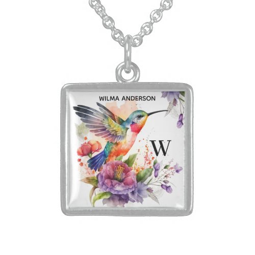 Elegant Watercolor Hummingbird Monogram With Name Sterling Silver Necklace