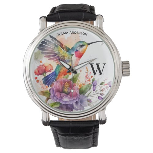 Elegant Watercolor Hummingbird Monogram With Name Watch
