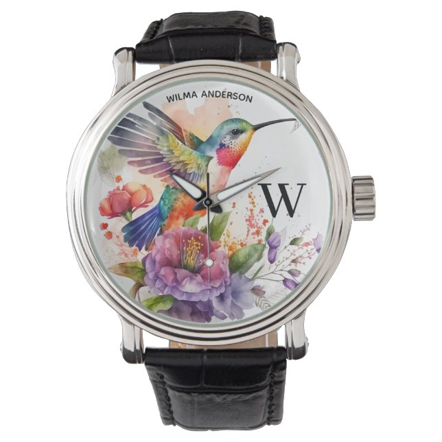 Elegant Watercolor Hummingbird Monogram With Name Watch (Front)