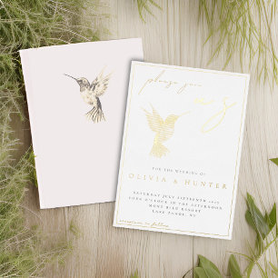 Elegant Watercolor Hummingbird Wedding Gold Foil Invitation