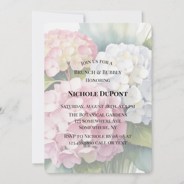 Elegant Watercolor Hydrangea Brunch and Bubbly Invitation (Front)