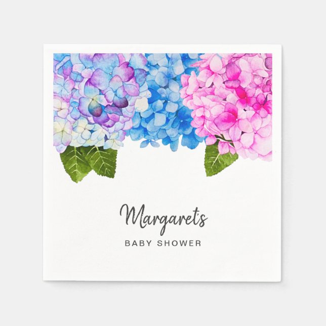 Elegant Watercolor Hydrangea Flowers | Baby Shower Napkins (Front)