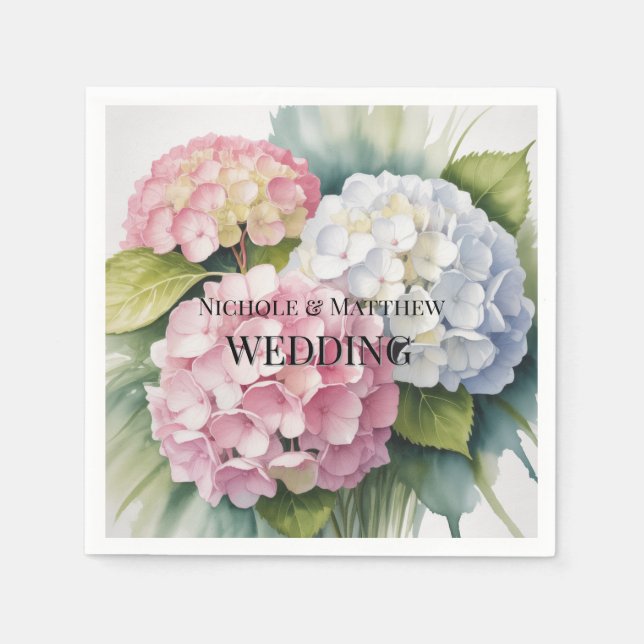 Elegant Watercolor Hydrangea Wedding Napkins (Front)