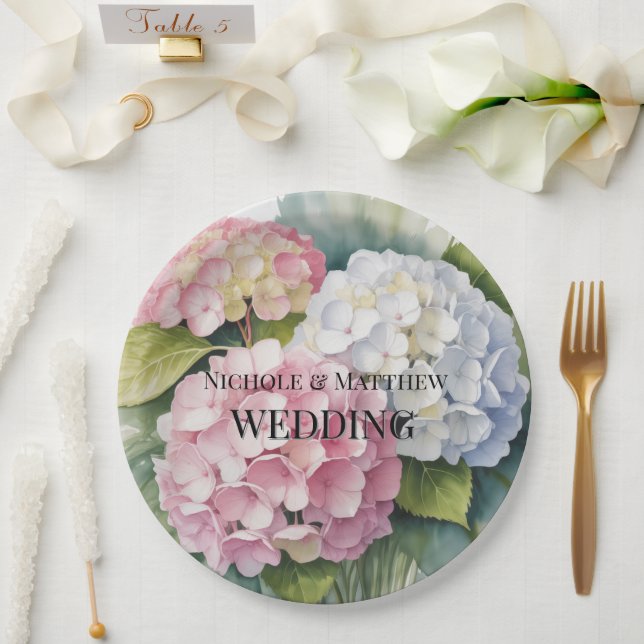 Elegant Watercolor Hydrangea Wedding Paper Plates (Wedding)