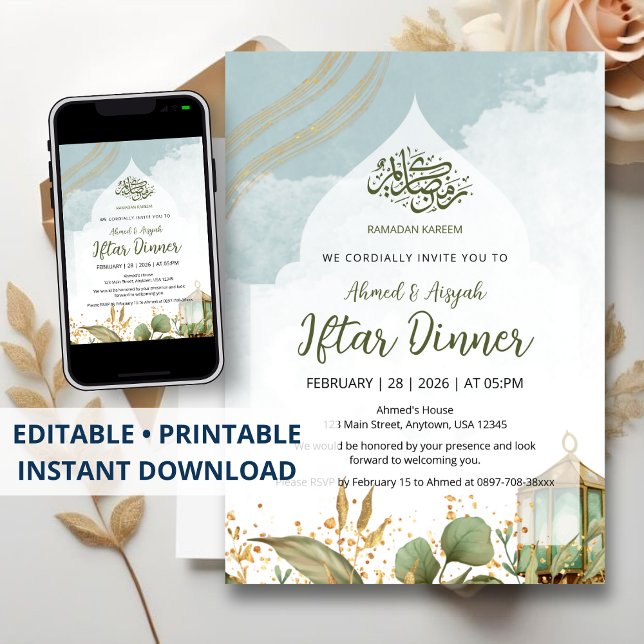Elegant Watercolor Iftar Invitation Gold Leaves (Creator Uploaded)