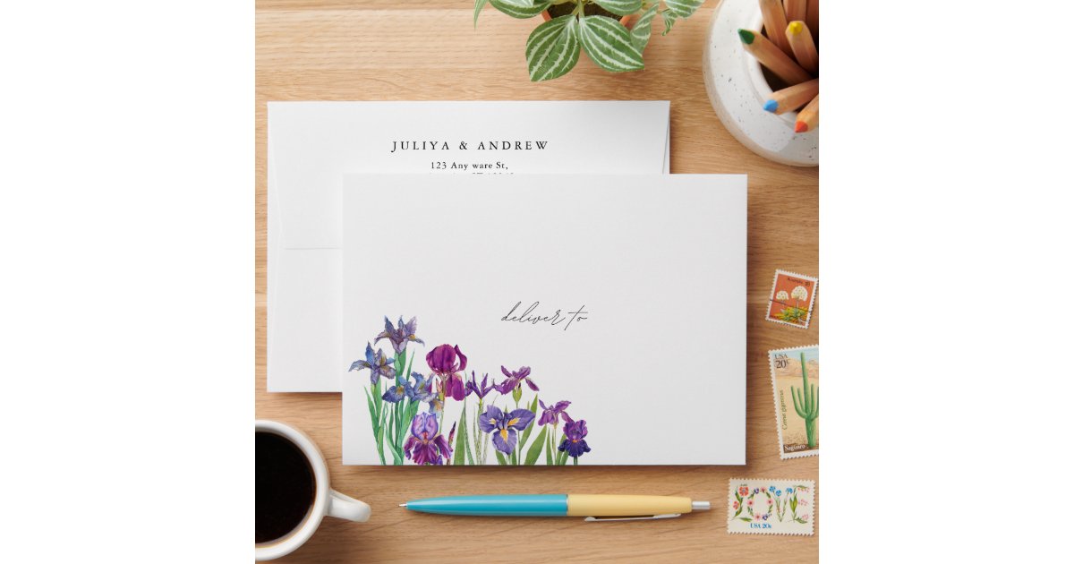 Elegant watercolor Iris flower script wedding Envelope | Zazzle