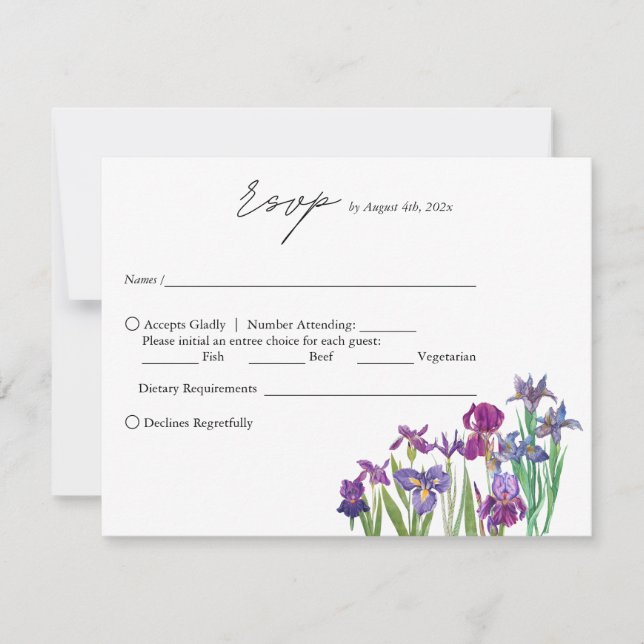 Elegant watercolor Iris flower script wedding RSVP Card (Front)