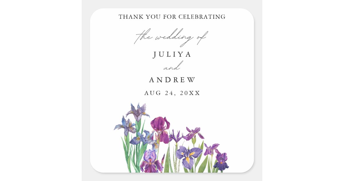 Elegant watercolor Iris flower script wedding Square Sticker | Zazzle