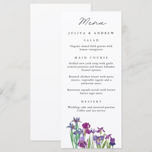 Elegant watercolor Iris flower Wedding Menu card  (Front/Back)