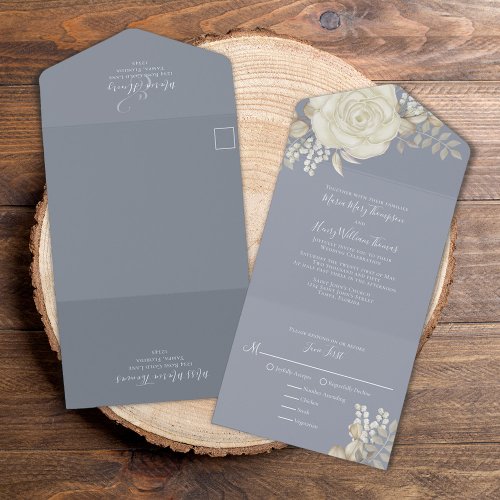 Elegant Watercolor Ivory Cream Floral Rose Foliage All In One Invitation