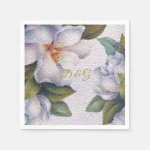 Elegant Watercolor Ivory Magnolia Gold Monogram Napkins