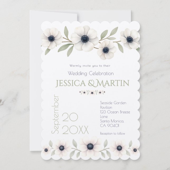 Elegant Watercolor Ivory Navy Blue Anemone Wedding Invitation (Front)