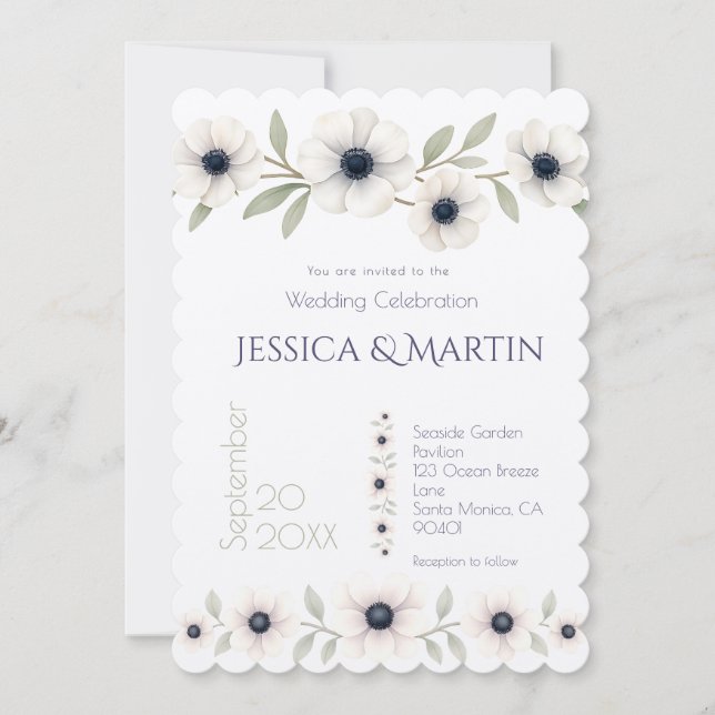 Elegant Watercolor Ivory Navy Blue Anemone Wedding Invitation (Front)
