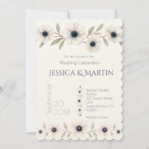 Elegant Watercolor Ivory Navy Blue Anemone Wedding Invitation