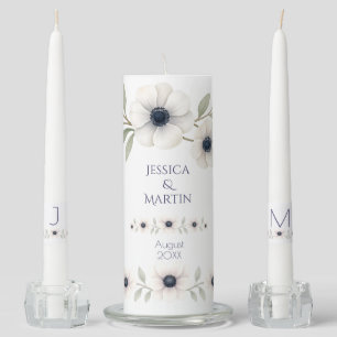 Elegant Watercolor Ivory Navy Blue Anemone Wedding Unity Candle Set