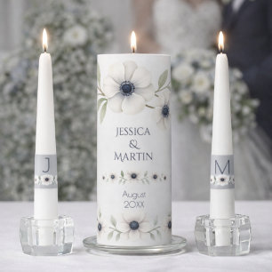 Elegant Watercolor Ivory Navy Blue Anemone Wedding Unity Candle Set