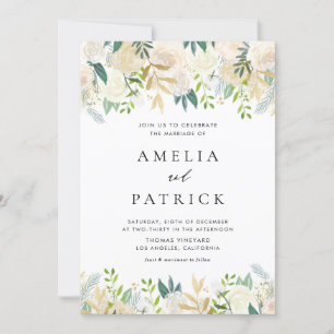 Elegant Watercolor Ivory Peonies Gold Foil Wedding Invitation
