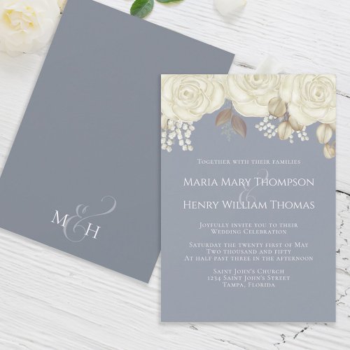 Elegant Watercolor Ivory Rose Floral Gold Foliage Invitation