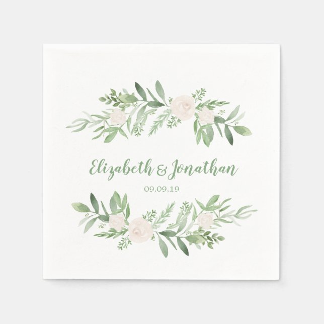 Elegant Watercolor Ivory Rose Wedding Napkins (Front)