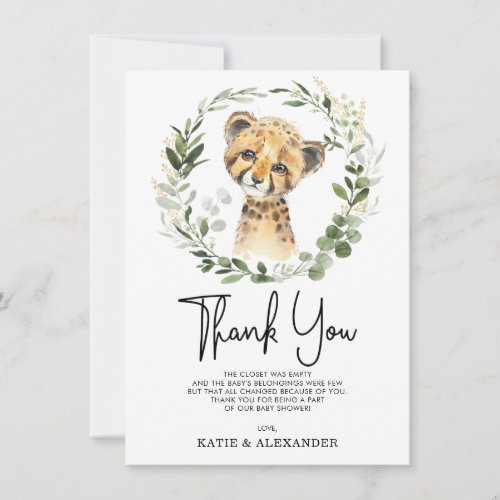 Elegant Watercolor Jungle Greenery Baby Leopard Thank You Card
