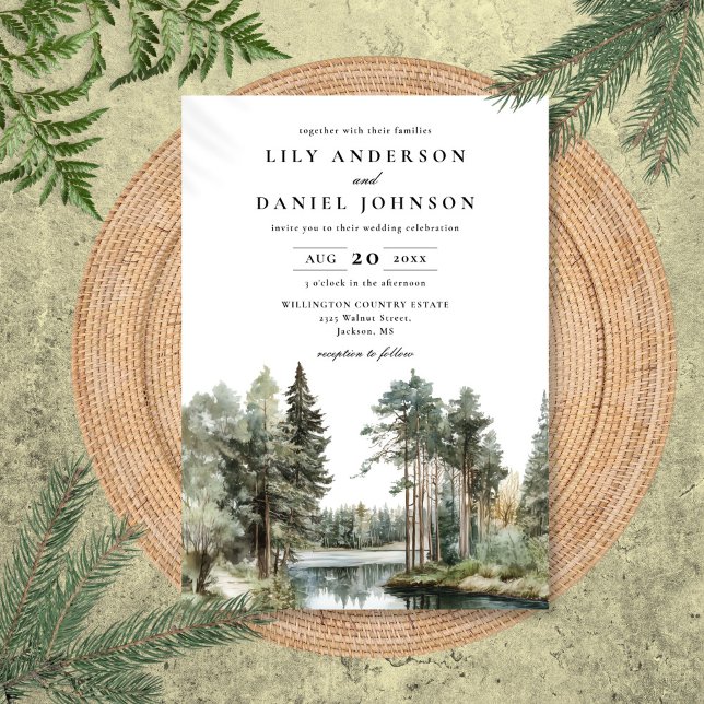 Elegant Watercolor Lake Forest Woodland Wedding Invitation (Elegant Watercolor Lake Forest Woodland Wedding Invitation)