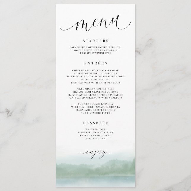Elegant Watercolor Lake & Trees Wedding Menu (Front)
