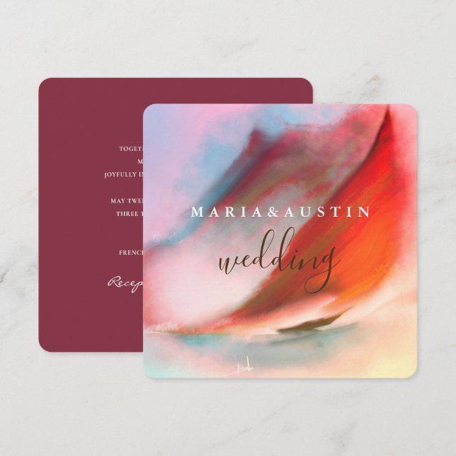 Elegant Watercolor Landscape Red Burgundy Wedding Invitation (Front/Back)