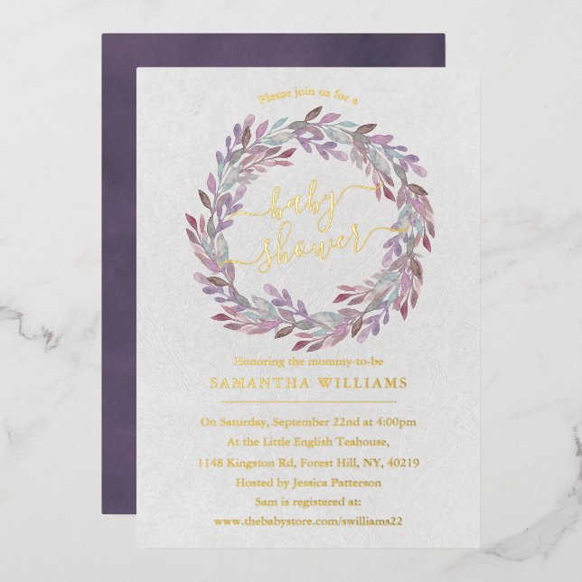 Elegant Watercolor Laurel Wreath Baby Shower Real Foil Invitation (Front/Back)