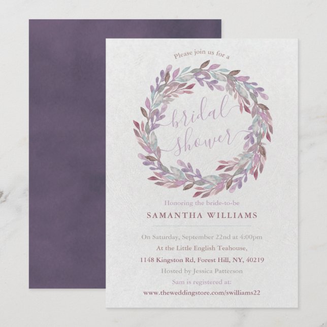 Elegant Watercolor Laurel Wreath Bridal Shower Invitation (Front/Back)