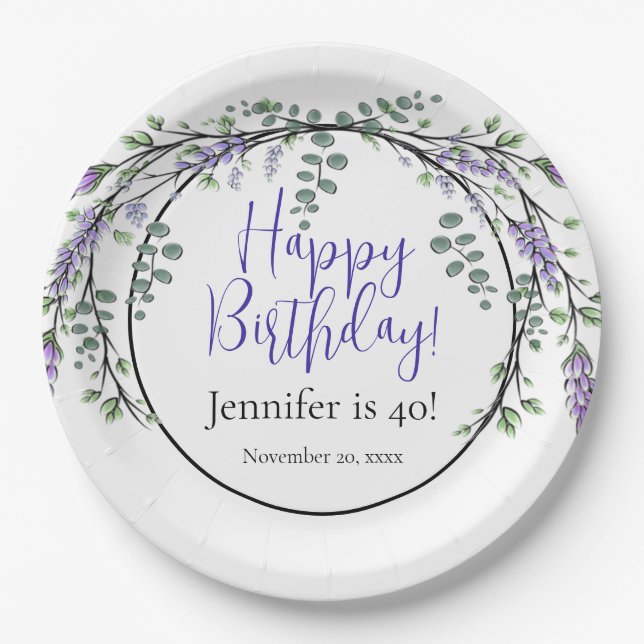 Elegant watercolor lavender botanical birthday paper plates (Front)