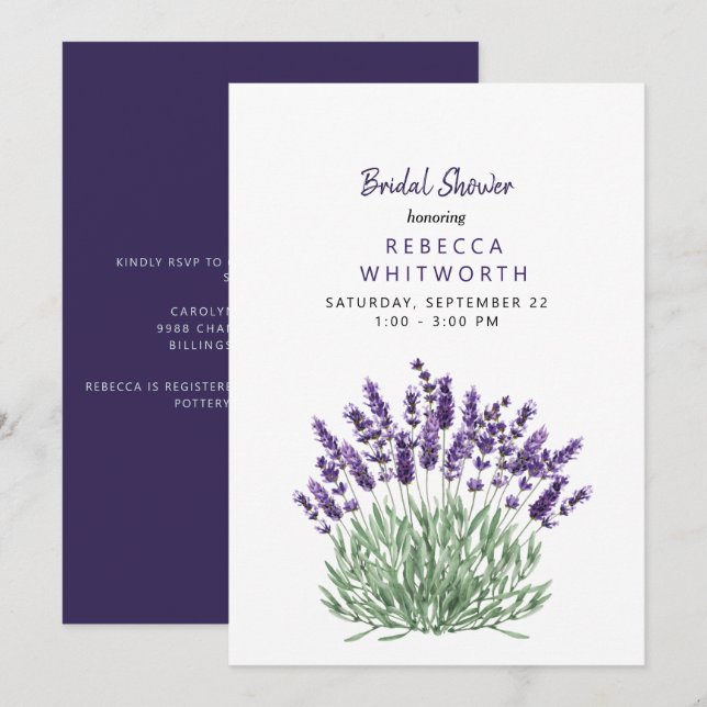 Elegant Watercolor Lavender Bridal Shower Invitation (Front/Back)