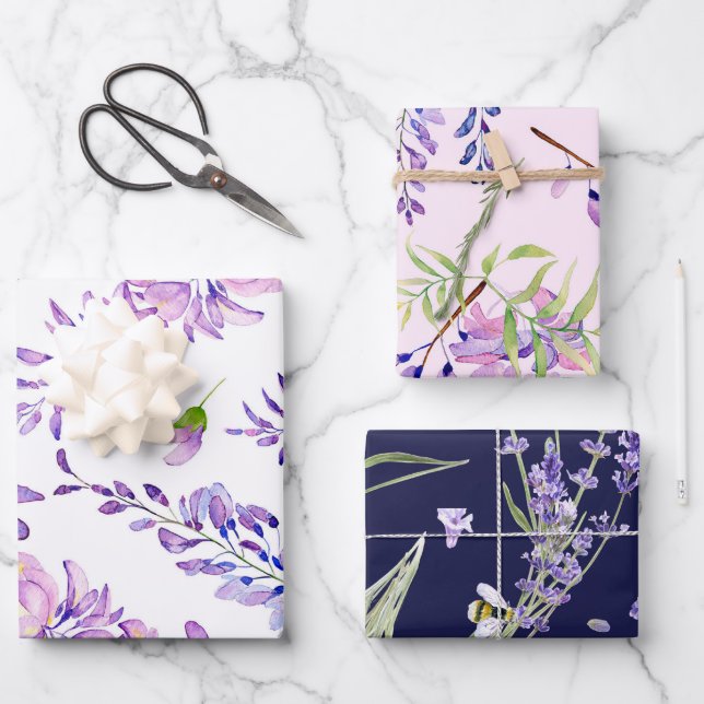 Elegant Watercolor Lavender Floral Wrapping Paper Sheets (Front)