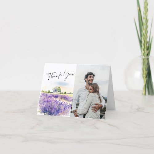 Elegant Watercolor Lavender Flowers Field Photo Thank You Card