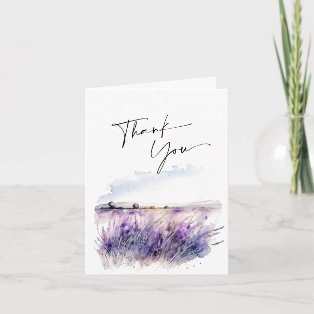 Elegant Watercolor Lavender Flowers Field Thank You Card (Front)