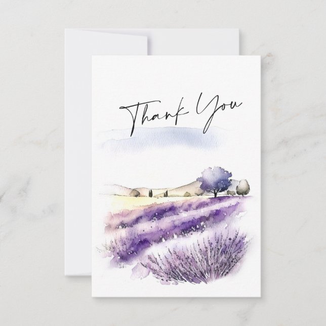 Elegant Watercolor Lavender Flowers Field Wedding Thank You Card (Front)
