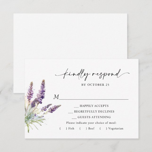 Elegant Watercolor Lavender Flowers Wedding RSVP Card (Front/Back)