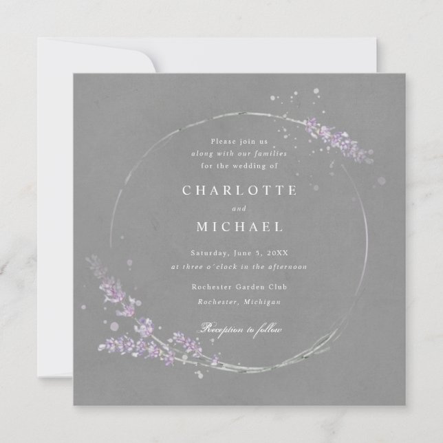 Elegant watercolor lavender grey wedding invitation (Front)
