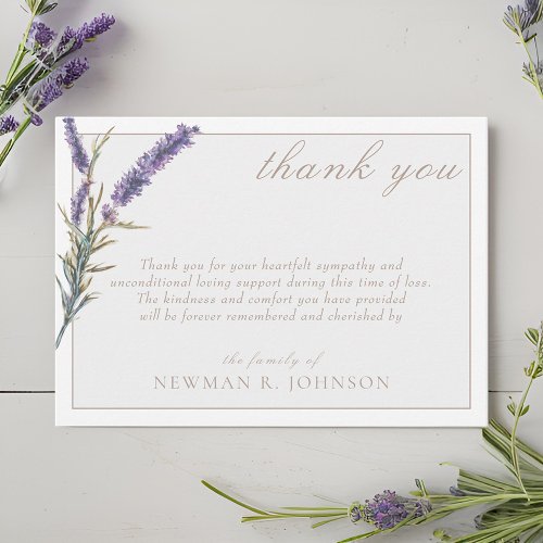 Elegant Watercolor Lavender Memorial Thank You Note Card