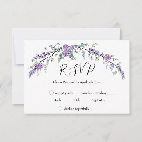 Elegant watercolor Lavender Purple Rose Eucalyptus RSVP Card