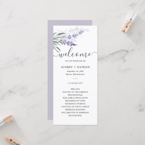 Elegant Watercolor Lavenders Wedding Program