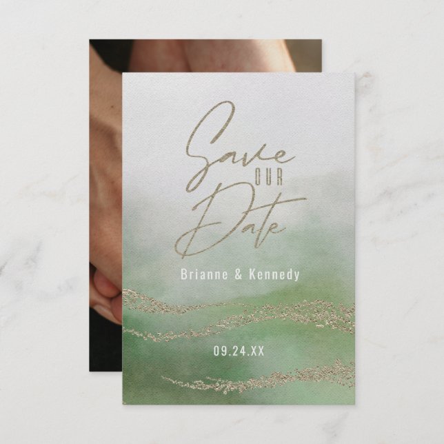 Elegant Watercolor Leaf Green & Gold Save the Date (Front/Back)