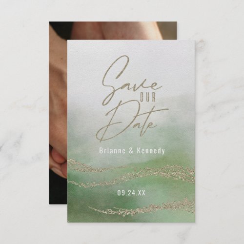 Elegant Watercolor Leaf Green  Gold Save the Date