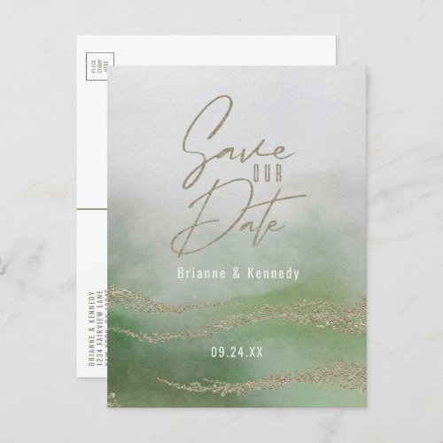 Elegant Watercolor Leaf Green  Gold Save the Date Announcement Postcard