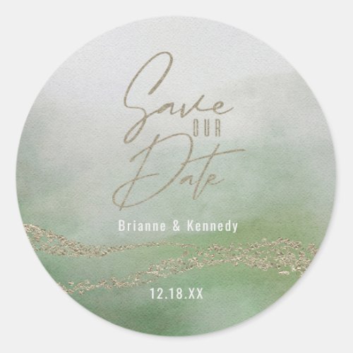 Elegant Watercolor Leaf Green  Gold Save the Date Classic Round Sticker