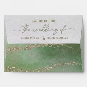 Elegant Watercolor Leaf Green & Gold Save the Date Envelope