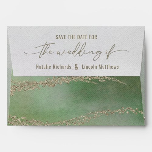 Elegant Watercolor Leaf Green  Gold Save the Date Envelope