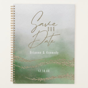 Elegant Watercolor Leaf Green & Gold Save the Date Planner